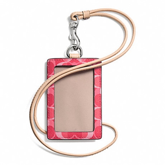 New with Tags COACH PEYTON DREAM C LANYARD ID F66799 SILVER/BRIGHT CORAL/TAN - Picture 2 of 3